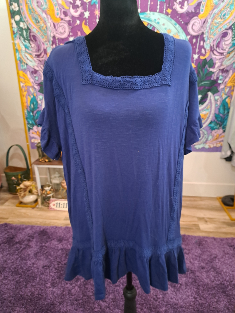 Bluebell Poet – Navy Crochet Lace Ruffle Tunic Top XL NWT Boho Fairy Cottagecore